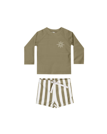 Rylee + Cru Boys Rashgaurd Set, Olive Stripe